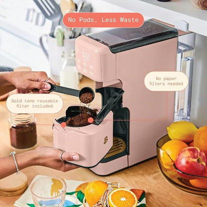 Beautiful Single Serve Coffee Maker with Built-In Burr Grinder, Hot or Iced, Pod-Free, 6 Brew Sizes, 3 Strengths, Touch Display, Reusable Filter, 64oz Reservoir, Slim Design (Rose)