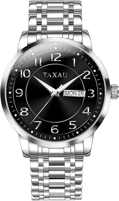 Stainless Steel Mens Watches with Day Date Quartz Analog Large Face Classic Watch Arabic Numerals Dress Luminous Rlojes para Hombres