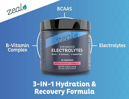Zeal Electrolyte Powder - 90 Servings | Keto Electrolytes Powder | Zero Sugar, BCAAs, B-Vitamins | Potassium, Zinc, Magnesium | Hydration Powder Recovery Drink | Strawberry Vanilla