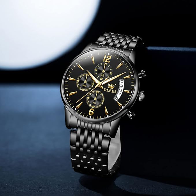 OLEVS Men's Stainless Steel Chronograph Watch, Big Face Gold Silver Black Tone Easy to Read Analog Quartz Watch, Luxury Waterproof Date Diamond Roman Arabic Numerals Dial Dress Watch for Men