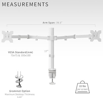 VIVO Dual Ultrawide Monitor Desk Mount, Heavy Duty Fully Adjustable Steel Stand, Holds 2 Computer Screens up to 38 inches and Max 22lbs Each, White, STAND-V038W