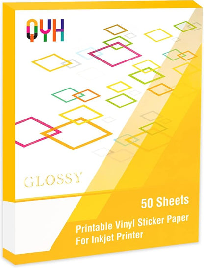 QYH Premium Printable Vinyl for Inkjet Printer-50 Glossy Sticker Paper Waterproof 8.5’’x11’’ White Labels