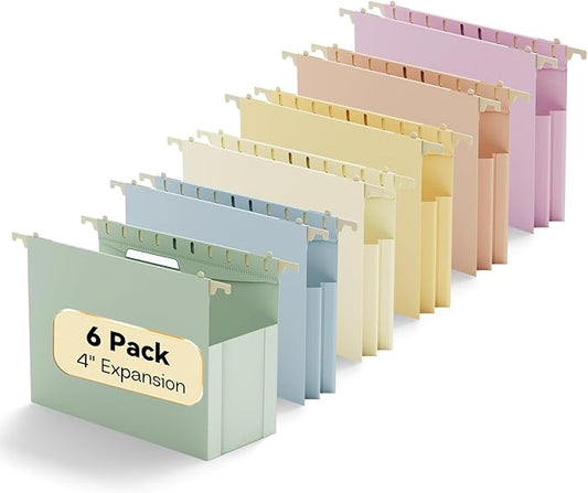Plastic Hanging File Folders,Letter Size,6 Pack Heavy Duty 4" Expansion,Extra Capacity Hanging Folders with Tabs,Filing Cabinet Organizer for Office Home School,for Bulky Files,Pastel Color