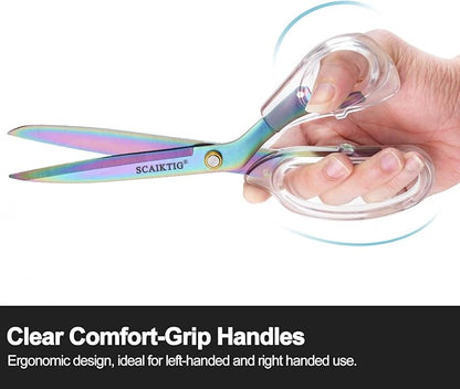 Acrylic Scissors, 4-Pack (9.4"/8"/6.8"/4"), Clear Comfort-Grip Handles, Titanium Coated Blades, Sharp, Heavy Duty, Ambidextrous, Transparent + Rainbow