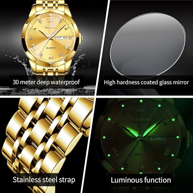 OLEVS Watches for Men Diamond Business Dress Analog Quartz Stainless Steel Date Luxury Casual Fashion Wrist Watch Waterproof Luminous