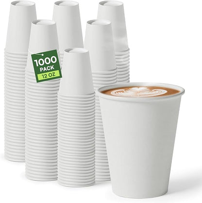 White Paper Cups 12 oz Disposable Coffee Cups, 1000 Pack BPA Free Leak Proof Hot Cups,300GSM Thickened Disposable Cups,Unbleached Hot Cold Drink Cups for Everyday Home Office Coffee Bar Party Supplies