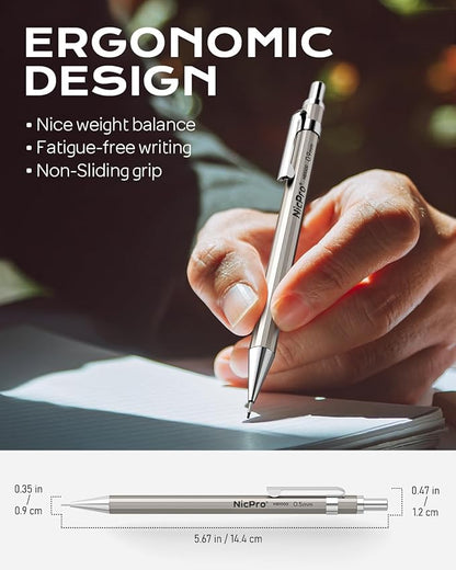 Nicpro 4 Pack Metal Mechanical Pencil Set 0.9mm, MB1000 Lead Drafting Pencil 0.9 mm with 8 Tube HB #2 Lead Refill, 3PCS 4B Eraser, 9 Cap Eraser for Artist Writing, Sketching, Drawing- Come with Case