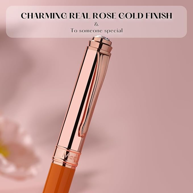 Luxury Rollerball Pen, Top Set With 8mm Brilliant Diamond,Bright Orange Lacquer,Rose Real Gold Finish, Schmidt Black Refill,Elegant Gift Pen For Women, Unique, Office,Nice Designer Pens