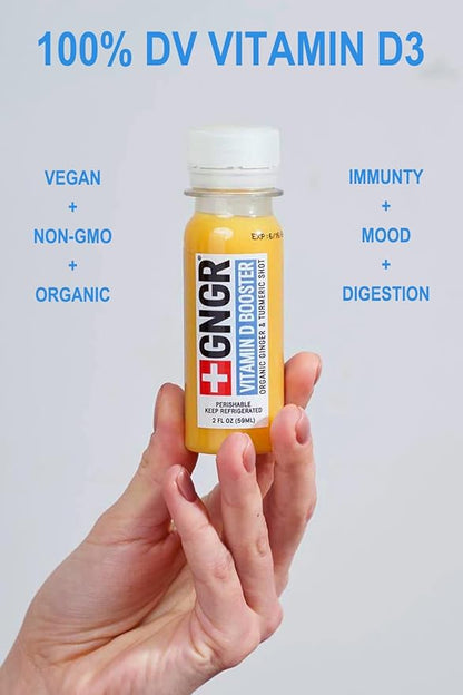+GNGR Vitamin D Booster – Tropical Immunity Booster Edition Cold-Pressed Ginger Shot with Pineapple, Passion Fruit, Orange, Turmeric & Vitamin D3. Mood, Immunity & Energy. 2 fl oz (Pack of 12)