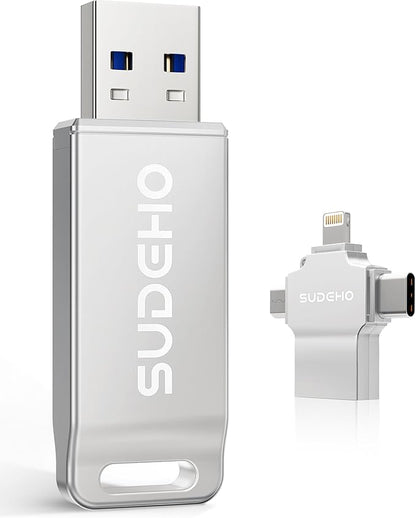 MFi Certified Photo Stick 128GB USB Flash Drive for iPhone, 4 in 1 External Memory Thumb Drive for Picture Video Saver and Backup, High Speed Memory Stick USB Drive for iPhone/iPad/Android/PC (Silver)