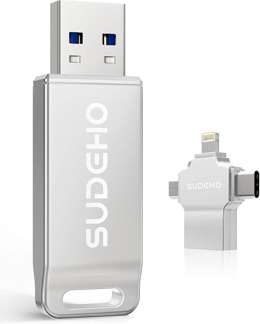 MFi Certified Photo Stick 128GB USB Flash Drive for iPhone, 4 in 1 External Memory Thumb Drive for Picture Video Saver and Backup, High Speed Memory Stick USB Drive for iPhone/iPad/Android/PC (Silver)