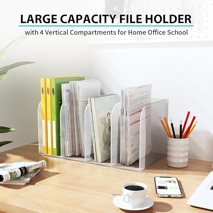 Acrylic File Organizer, Clear Desk Organizer Workspace Sorters, Magazine Binder Holder with 4 Vertical Compartments Bookshelf for Desk Home Office