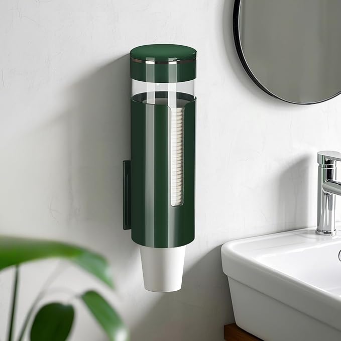 Cup Dispenser, Pull Type Water Cooler Cup Holder Fit 4oz-7oz Disposable Cups, Upgraded Wall Mounted Mouthwash Cup Dispenser for Bathroom Office Gym School (Green)