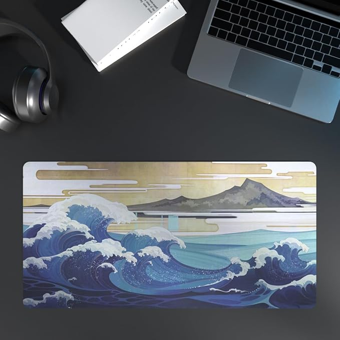 Large Sea Wave Mouse Pad, Blue Anime Desk Mat,Extended Non-Slip Keyboard Mousepad Office Desk Pad 23.6" x 11.8" Gaming Mouse Pads Desktop Protector for Office and Home