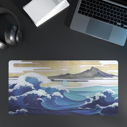 Large Sea Wave Mouse Pad, Blue Anime Desk Mat,Extended Non-Slip Keyboard Mousepad Office Desk Pad 23.6" x 11.8" Gaming Mouse Pads Desktop Protector for Office and Home