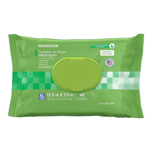 McKesson Flushable* Adult Wet Wipes XL – 48 Wipes (1 Pack of 48) – Aloe & Vitamin E, Plant-Based Cleansing Wipes, Scented, Extra Large