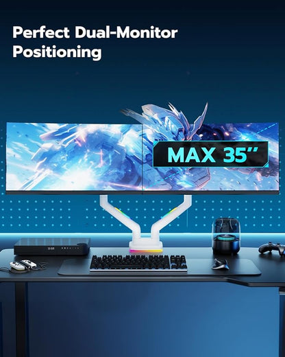 ARES WING Dual Monitor Mount for 17-35 Inch Ultrawide Heavy Duty Curved Screen, Computer Monitor Arm Desk Mount, Gas Spring Adjustable Dual Monitor Stand for Desk, White