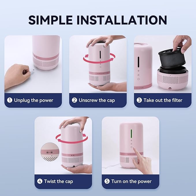 Air Purifiers for Home,HEPA Air Purifier for Room up to 960ft²,Air Purifiers for Odor,Dust,Quiet Air Cleaner for Office,Living Room,Bedroom,Kitchen,Type-C Charging,Included Adapter,Pink 1 Pack