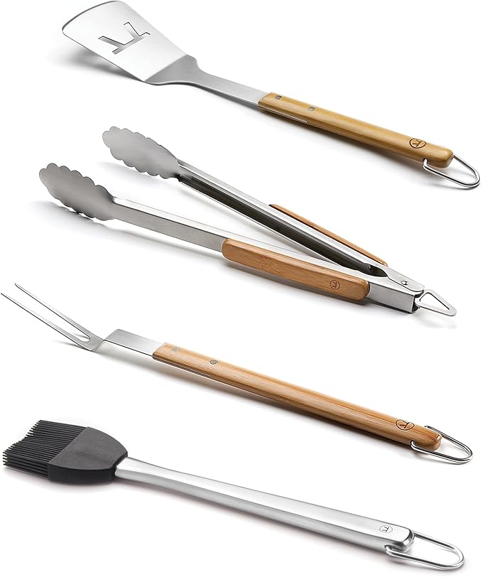 Outset Stainless Steel Grill Tool Set, Verde Collection, Spatula, Tongs, Grill Fork, and Sauce Brush