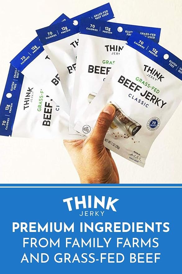 Think Jerky Classic Beef Jerky, Grass-Fed High Protein Beef, Gluten Free, No Antibiotics or Nitrates, Healthy Chef Crafted Recipe, Low Calorie and Low Fat - 1.0 oz Bags, 8 Pack