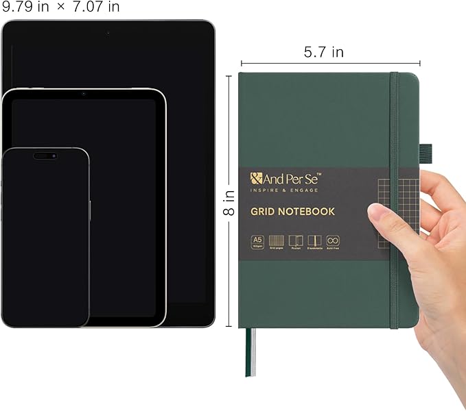 160 Pages, A5 5.7 x 8 inches 100 gsm Thick Paper Notebook Journals for Writing, Grid Hardcover Notebook(1 Pack, green)