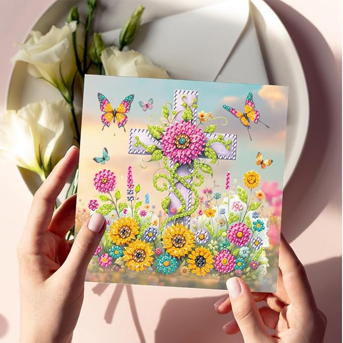 6pcs DIY Cross Diamond Art Painting Greeting Cards Kit, Rhinestone Art Holiday Birthday Card Set with Envelopes, DIY Festival Craft for Girlfriend, Christmas Valentine Gift Making Supplies