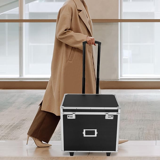 Portable File Box Hand Pull Locking Mobile Business Case with Handle Wheels Modern File Organizer Storage Box with Lock Rolling Wheeled File Cabinet for Office Documents, 19.2 x 15 x 16 Inch Black