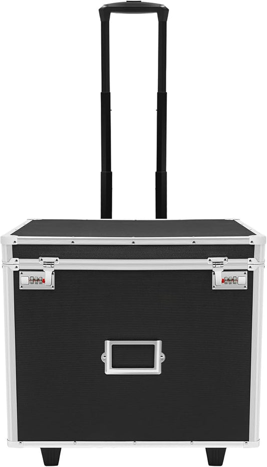 Portable File Storage Box, Locking Mobile Business Case File Box Aluminum Alloy File Lock Box with Wheels and Combination Lock Hand Pull File Case for Homes Offices Schools
