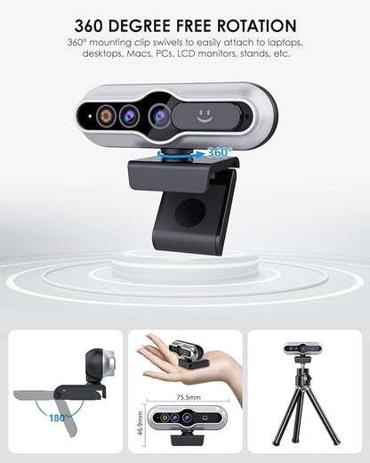 2K HD Webcam with Infrared Windows Hello Facial Recognition, Computer Camera, Privacy Cover, Noise Canceling Microphones, Laptop Webcam For Video Conferencing, Live, Streaming, Online Learning