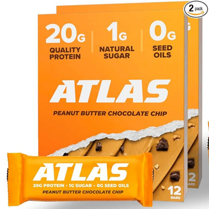 Atlas Bar – 20g Protein, 1g Sugar, 0g Seed Oils, 0g Artificial Sweeteners (Peanut Butter Chocolate Chip, 24 Count)