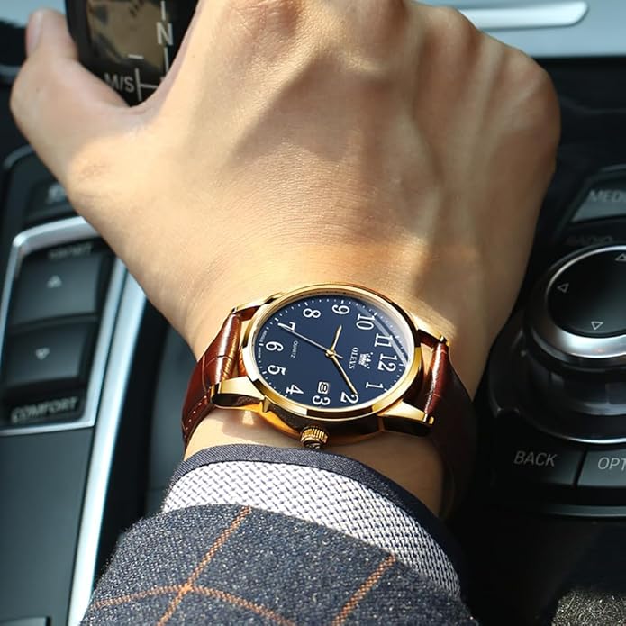 OLEVS Mens Watches Vintage Leather Band Dress Classic Easy Reader Arabic Numerals Analog Quartz Waterproof Date and Day Blue/Black/White Large Face Men's Wrist Watches