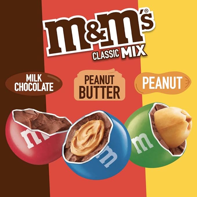 M&M'S Milk Chocolate Candy, Variety Pack, Milk Chocolate, Peanut, and Peanut Butter Full Size 2.5 oz Bag, Pack of 18 Bulk Candy