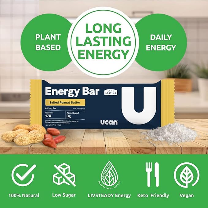 UCAN Energy Bars | Low Sugar, Low Calories | Gut Friendly, Caffeine-Free, Vegan, Non-GMO, No Soy, Keto Friendly | Running, Cycling, Fitness, Pre & Post Workout | Salted Peanut Butter 12 Count