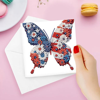 6PCS Diamond Art Painting Greeting Card Set, US Flag Butterfly Pattern DIY Cards with Envelopes for Xmas Birthdays Special Occasion Blessing