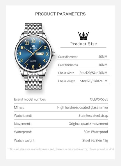 OLEVS Mens Watch Stainless Steel Analog Quartz Watches for Men Day Date Easy Read Diamond Waterproof Dress Luxury Classic Casual Big Face Blue/Black/Gold/Silver Roman Arabic Numerals Men's Wrist Watch