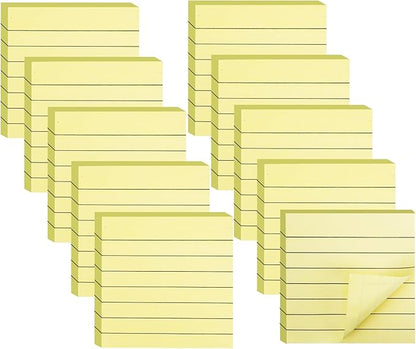 10 Pack Lined Sticky Notes 3x3 Inch 800 Sheets Yellow Self-Stick Note Pads, Sticky Notes with Lines Super Sticky Easy Remove for School Office Meeting