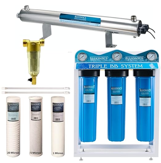 Bluonics Complete Whole House Well Water Filtration System – 24 GPM 110W UV Purifier with Triple 4.5" x 20" Housings, 40 Micron Pre-Filter, Sediment & Carbon Filters + Extra Filter Set
