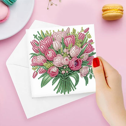 6pcs Diamond Art Painting Postcards with Envelope, Bouquet Pattern Daily DIY Handmade Greeting Cards Wishing Cards for Special Occasion Festival Craft Gift