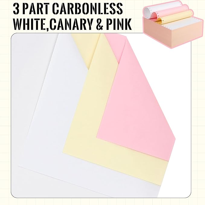 Marspark 3600 Sheets Continuous Carbonless Computer Paper, 9.5 x 11 Inches 3-Part Perforated Copy Paper for Dot Matrix Printer, White/Yellow/Pink, 1200 Sets