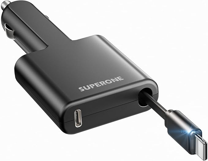 [Ultra Compact] SUPERONE iPhone Retractable Car Charger, Smaller Size Fast Car Charger Adapter with Retractable Apple Cable, Car Chargers for Apple iPhone 14 13 12 11 Pro/XS/XR/Mini/X/iPad/AirPods