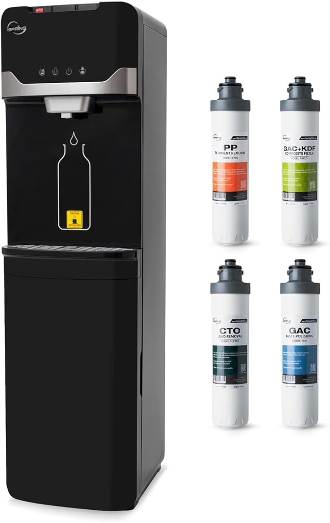 iSpring Bottleless Water Dispenser with 4-Stage Filtration, SGS-Tested 99% of Lead Removal, Water Cooler Dispenser - Hot, Cold, Room Temp, Self Cleaning, Black, Model: DS4B-PB