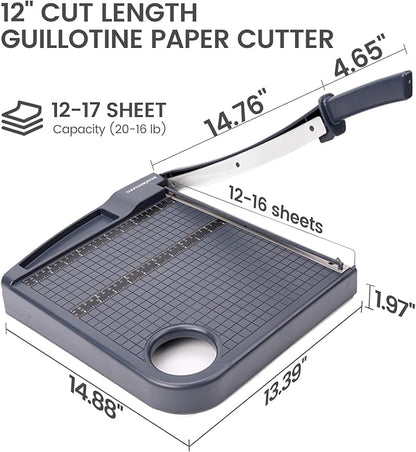 Paper Cutter,Paper Trimmer12" Cutting Length Heavy Duty Guillotine Paper Slicer with Safety Guard and Blade Lock,12 Sheets Capacity,Ideal for Offices,Homes,Printing Shops,Photo Studios (13079GREY)