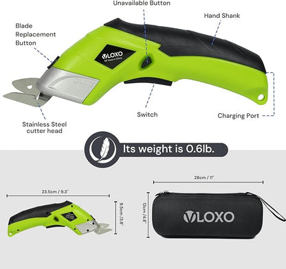 Cordless Electric Scissors, VLOXO Cardboard Cutter Electric Fabric Scissors with Blades Rechargeable Powerful Fabric Cutter for Crafts Leather Carboard Carpet Plastic Felt with Case Green