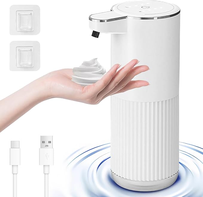 Automatic Foaming Soap Dispenser, 12.2oz/360ml Rechargeable Touchless Hand Soap Dispenser, 4 Level Adjustable with Display, Waterproof Wall Mounted Soap Dispenser for Bathroom Kitchen, White