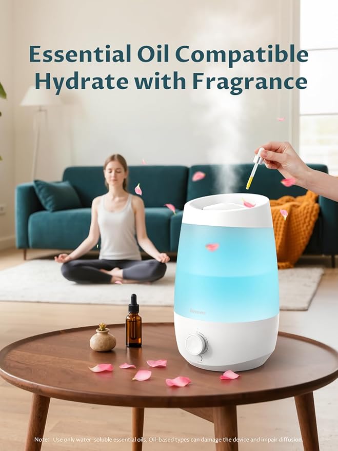 BREEZOME Humidifiers for Bedroom, 2.5L Humidifiers for Home, 250ml/h Mist Output, 7 Adjustable LED,25hrs Essential Oil Diffuser, 25dB Top Fill Ultrasonic Humidifier for Baby and Indoor Plants, White