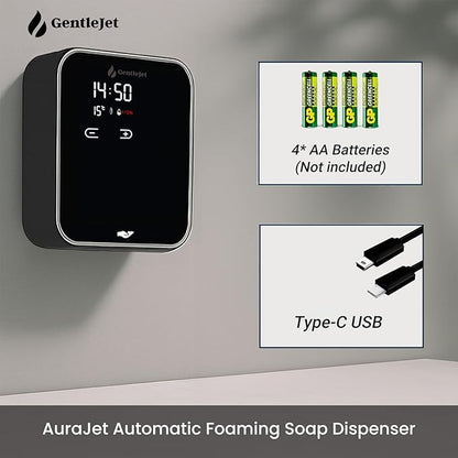 AuraJet Automatic Foaming Soap Dispenser, LED Display, Aluminum Alloy Body, 5 Foam Levels Adjustable, USB-C or Battery Powered, 16.2 oz Automatic Soap Dispenser Touchless Wall Mount