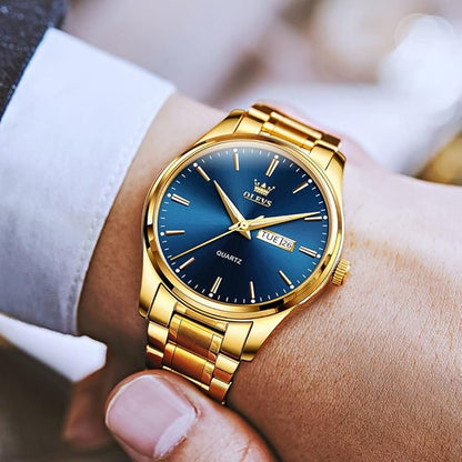 Men's Casual Stainless Steel Watch, Big Face Easy to Read Analog Quartz Watch with Day and Date, Classic Waterproof Diamond Roman Arabic Numerals Dial Dress Watch for Men, Gold Silver Black Band