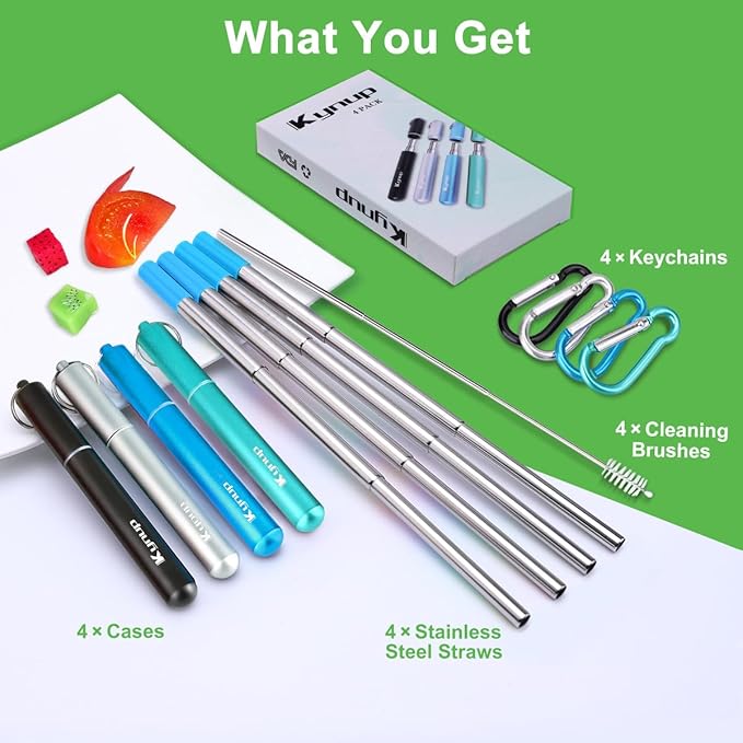 Kynup 4Packs Reusable Straws, Metal Straw with Silicon, Travel Drinking Straws with Case, Keychain, Cleaning Brushes, Silicon Pcs Perfect for Travel, Gifts (20 PCS) Blue-Black-Silver-Turquoise