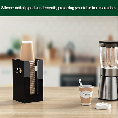 Disposable Coffee Cup Dispenser with Handles, Countertop or Wall Mount Hot/Cold Drink Cup and Lid Holder - Bathroom/Kitchen/Office Acrylic Cup Lid Storage Organizer (1 Compartment, Black)