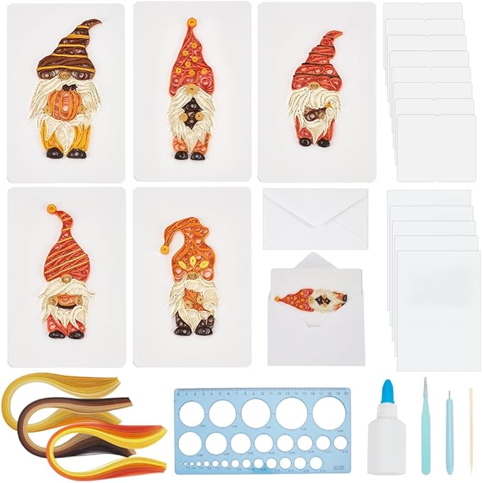 WEBEEDY 20 Sets DIY Quilled Thanksgiving Gnomes Greeting Card Making Kit with Paper Quilling Strips Tools Artful Paper Quilling Kit DIY Thanksgiving Gnomes Greeting Card for Family,Friend,Husband,Wife